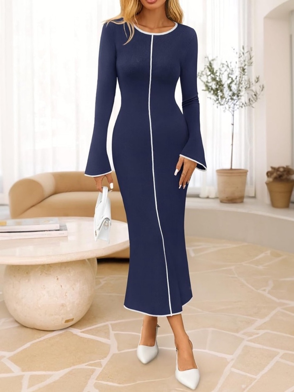 NWT MEROKEETY navy fall, long sleeve bodycon long knit detailed sweater dress